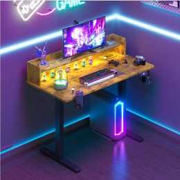 Advwin Electric Standing Desk LED RGB Lights & Power Outlets Computer Desk with Monitor Stand Rustic Brown Desktop + Black Frame