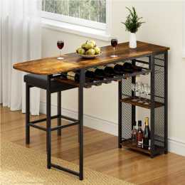 Artiss 140cm Industrial Bar Table with Wine Rack Built-in Cup Holder Extendable