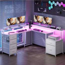 Advwin L Shaped Gaming Desk with LED Lights & Power Outlets Convertible Corner Computer Desk with Monitor Stand, Printer Storage Shelf and Drawers White