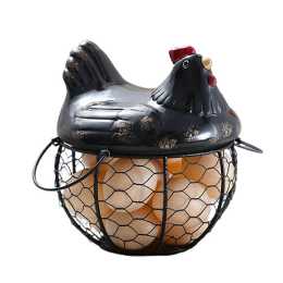Egg Basket, Iron Wire Chicken Egg Holder, Countertop Egg Collecting Basket with Ceramic Lid for Gathering Fresh Eggs Black