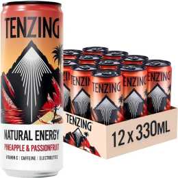 TENZING Natural Energy Drink Vegan Gluten Free Pineapple & Passionfruit 330ml Can 12 Pack