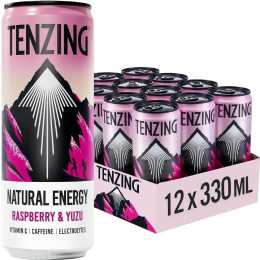 TENZING Natural Energy Drink Vegan Gluten Free Raspberry & Yuzu 330ml Can 12 Pack