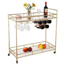 ACA 2 Tiers Gold Metal Bar Cart Drinks Serving Trolley Wine Rack Glass Cup Holder Storage Rack