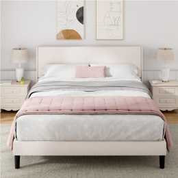 Advwin Bed Frame Double Size Velvet Fabric Bed Base with Upholstered Headboard Beige