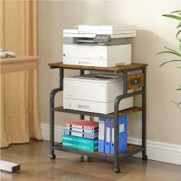 Advwin Large Mobile Printer Stand with Charging Station and Height Adjustable Shelves Rustic Brown 56x38x65cm