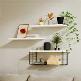 3pc Set Artiss Floating Wall Shelf Storage Basket White