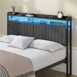 Advwin Double Size Storage Headboard Upholstered with LED Light Charging Station Height Adjustable