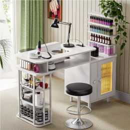Advwin Manicure Table Nail Desk with Dust Collector, LED Light, Charging Station Removable Acrylic Storage Shelves White