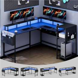 Advwin L Shaped Computer Desk with LED Lights & Power Outlets, Convertible Corner Gaming Desk with Monitor Stand & Side Pockets, 2 Person Home Office Study Table with Storage Shelf & Pegboard, Black
