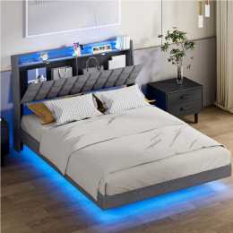 Advwin Queen Floating Bed Frame with LED Lights and Storage Headboard Upholstered Platform Bed with Hidden Storage Dark Grey