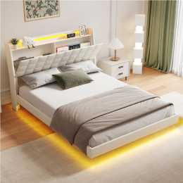 Advwin Double Floating Bed Frame with LED Lights and Storage Headboard Upholstered Platform Bed with Hidden Storage Beige