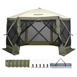 Pop-Up Gazebo Tent 12x12 FT, with 6 Removable Wind Cloths and Mesh Windows, Quick-Set 6-Sided Screen Tent with Mosquito Netting, Army Green
