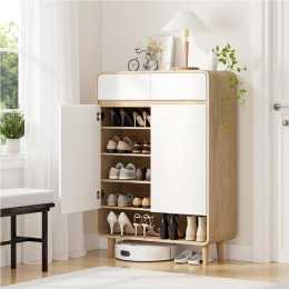Artiss Shoe Cabinet Rounded Edge Storage Cupboard Pine&White