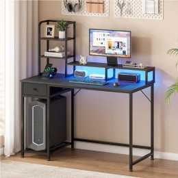 Advwin Reversible Computer Desk with Storage Shelves & Drawer Gaming Desk with LED Lights & Power Outlets Home Office Desk with Monitor Stand PC Table with Bookshelf, Black