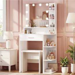 Advwin Dressing Table Set with Large Mirror and 10 LED Bulb Compact Makeup Vanity Desk with Drawer and Open Shelves White