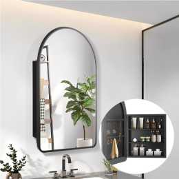 Arch Bathroom Shaving Cabinet Mirror Vanity Medicine Jewellery Wall Hung/Recessed Detachable Storage Cupboard 80*50cm Black