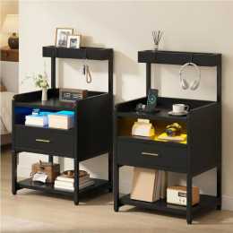Advwin Bedside Table Set of 2 with Charging Station and LED Lights 1 Drawers and 4 Storage Shelves Black