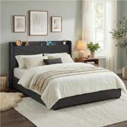 Artiss King Bed Frame Gas Lift Storage Bed with Charging Ports Upholstered Headboard Charcoal Grey