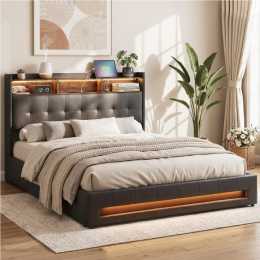 Artiss Queen Bed Frame Gas Lift Storage LED Lights Charging Station Headboard with Open Shelf