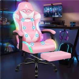 ALFORDSON Gaming Chair Office Massage 12 RGB LED Computer Seat PU Leather Pink & White