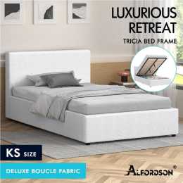 ALFORDSON Bed Frame Queen Double King Single Gas Lift Storage Base White Boucle King Single