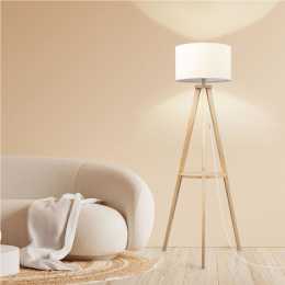 Emitto Led Floor Lamp Vintage Corner Stand with Shelf Linen Shade Wood Adjusting Natural / With Rack