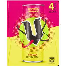 V Energy Raspberry Lemonade Guarana Energy Drink 250mlx 4pack | Woolworths