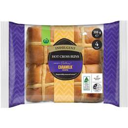 Woolworths Indulgent Hot Cross Buns With Cadbury Caramilk Chips 4 pack