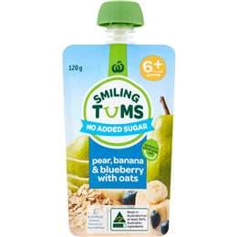 Woolworths Smiling Tums Pear, Banana & Blueberry with Oats 6+ Months 120g