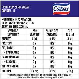 Cottee's Zero Sugar Cordial Fruit Cup Cordial Bottle