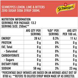 Schweppes Zero Sugar Lemon Lime Bitters Soda Syrup Sugar Free Cordial