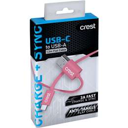 Crest USB C to USB A Flat Cable Pink 1.2m each