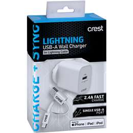 Crest Lightning USB-A Wall Charger & Cable 1m each