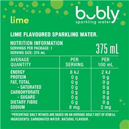 Asahi Beverages Pty Ltd Bubly Lime Sparkling Water No Sugar Multipack Cans