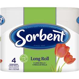 Sorbent Silky White Long Rolls Toilet Tissue 270 Sheets 4 Pack | Woolworths