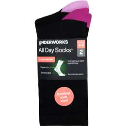 Underworks Womens All Day Cushion Foot Socks Black Size 5-8 2 pack