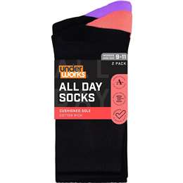 Underworks Womens All Day Cushion Foot Socks Black Size 9-11 2 pack
