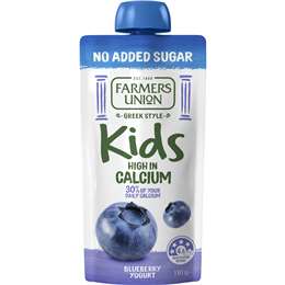 Farmers Union Greek Style Kids Yoghurt Pouch Blueberry No Added Sugar 130g