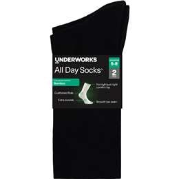 Underworks Womens All Day Bamboo Crew Socks Black Size 5-8 2 pack