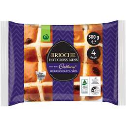 Woolworths Brioche Hot Cross Buns With Cadbury Milk Chocolate Chips 4 pack