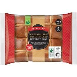 Woolworths Indulgent Caramelised Biscuit Filled Hot Cross Buns 4 pack
