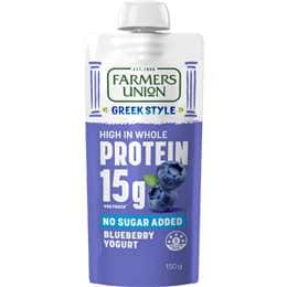 Farmers Union Greek Style High Protein Yoghurt Pouch Blueberry
