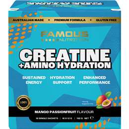 Famous Nutrition Creatine + Amino Hydration Sachets Mango Passionfruit 12g x 16 pack