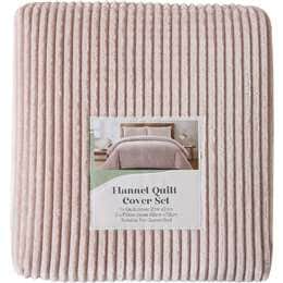 Queen Flannel Quilt Cover Set Pink Stripe each