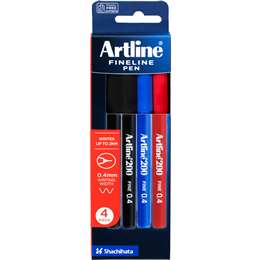 Artline 200 Pen Fine 0.4 Assorted 4 Pack