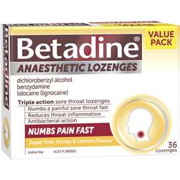 Betadine Sore Throat Lozenges Anaesthetic Honey & Lemon 36 pack