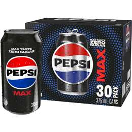 Pepsi Max No Sugar Cola Soft Drink Cans Multipack 375mL x 30 pack