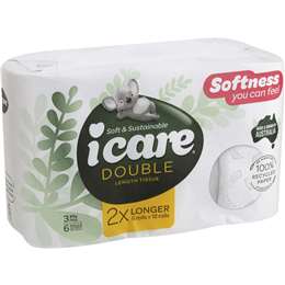 icare 100% Recycled Double Length 3 Ply Toilet Tissue 6 pack