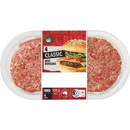 Woolworths 4 Classic Beef Burgers 500g