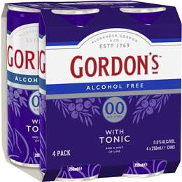 Gordon's Alcohol Free & Tonic Cans 250mL x 4 pack